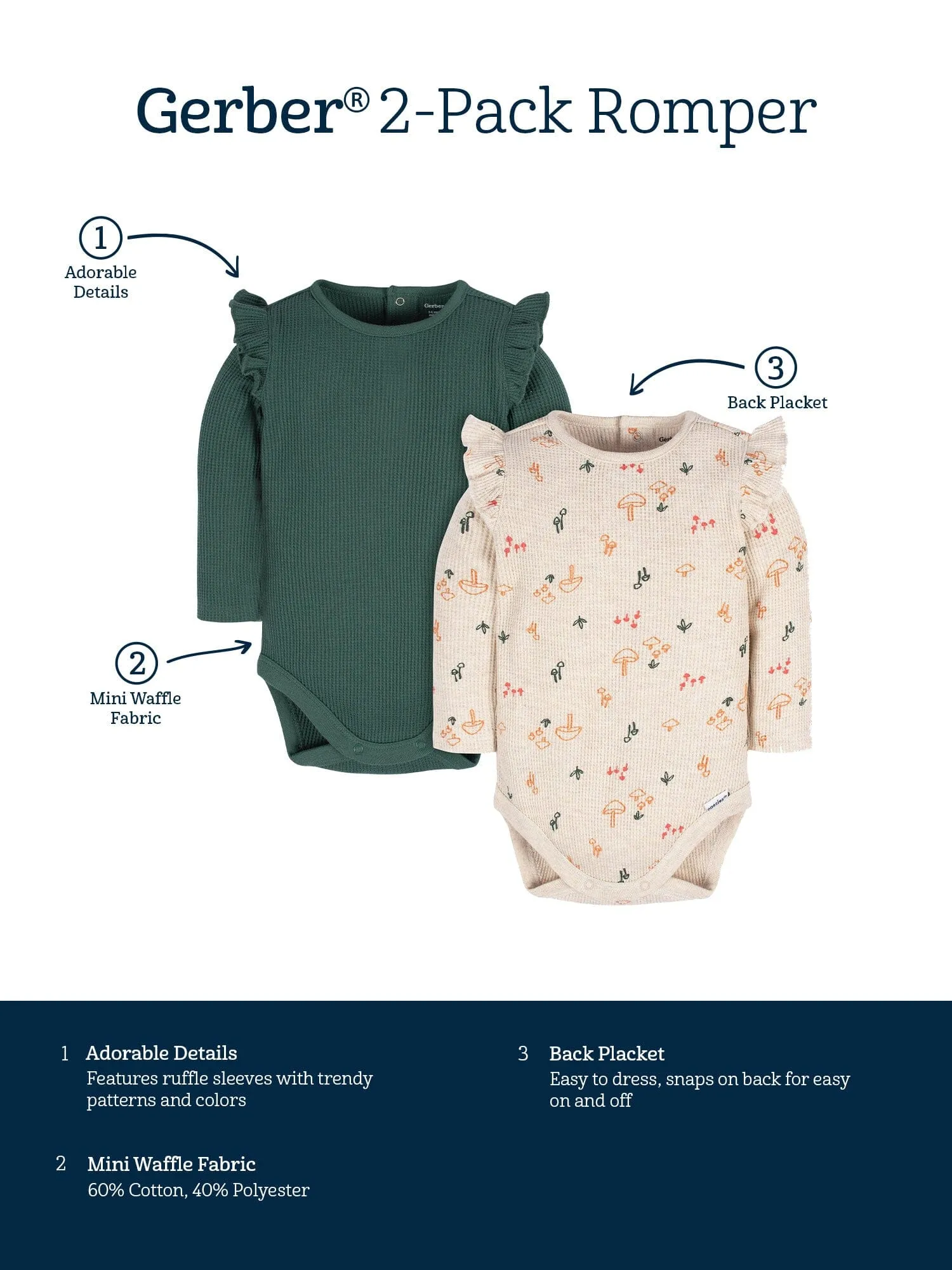 2-Pack Baby Girls Mushrooms Long Sleeve Onesies Bodysuits Gerber Childrenswea