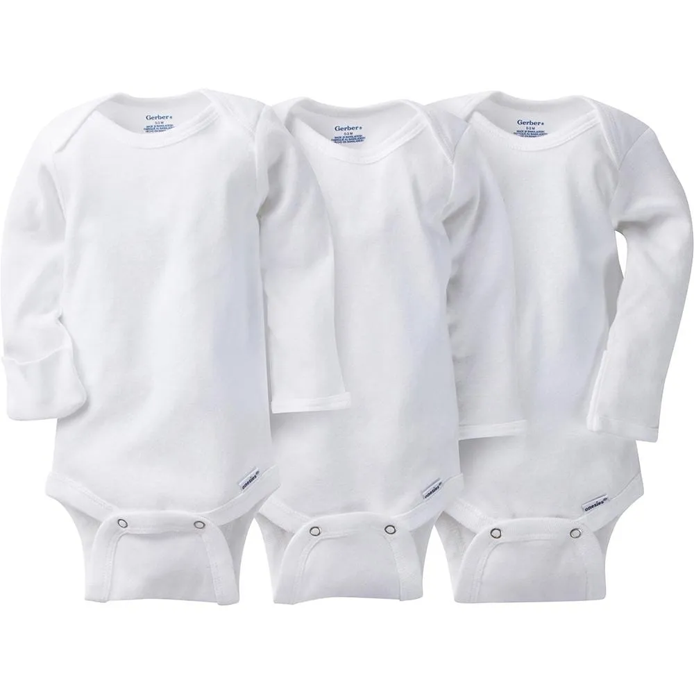 3-Pack White Long Sleeve Onesies Bodysuits with Mitten Cuffs Gerber Childrenswea