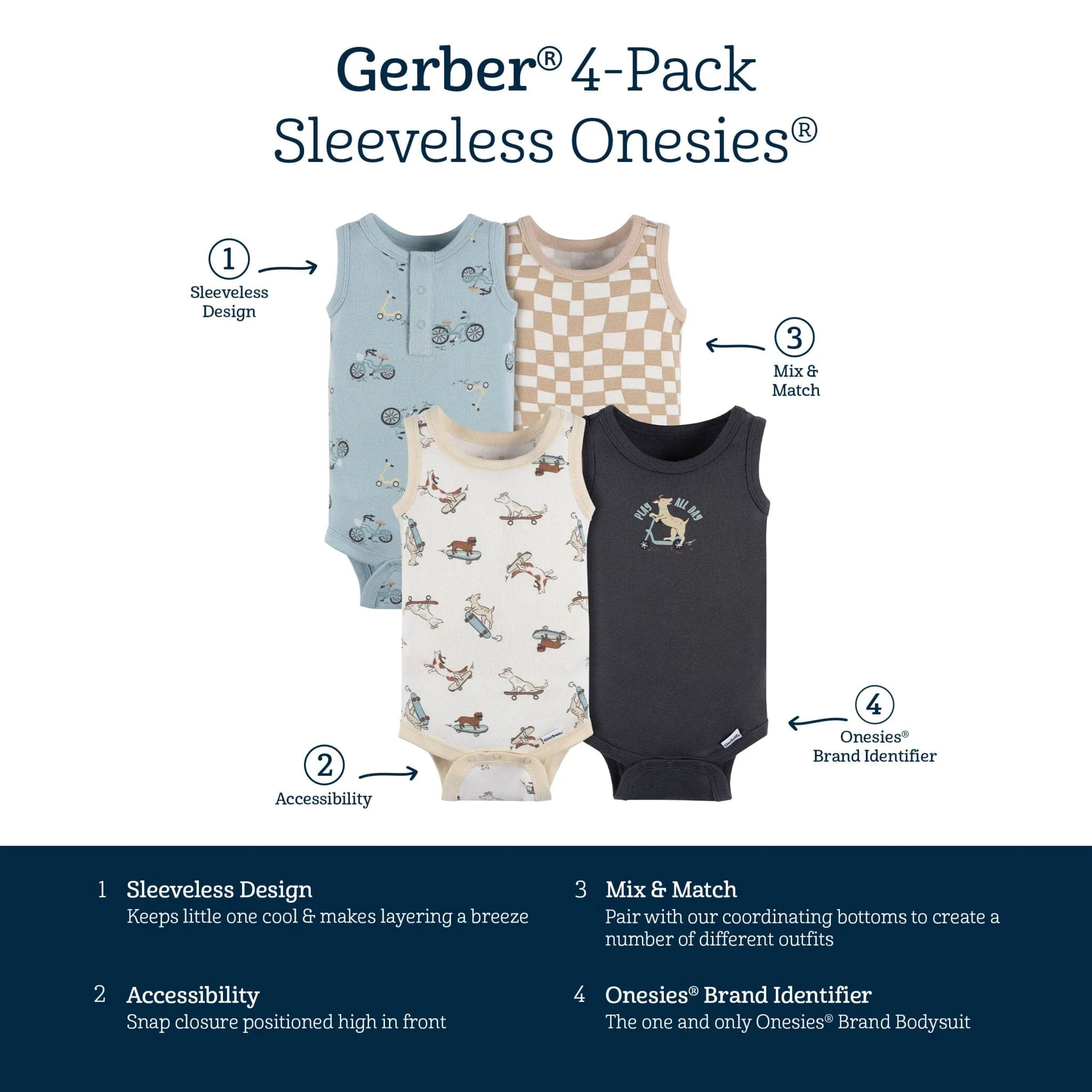 4-Pack Baby Boys Blue Bike Sleeveless Onesies Bodysuits Gerber Childrenswea