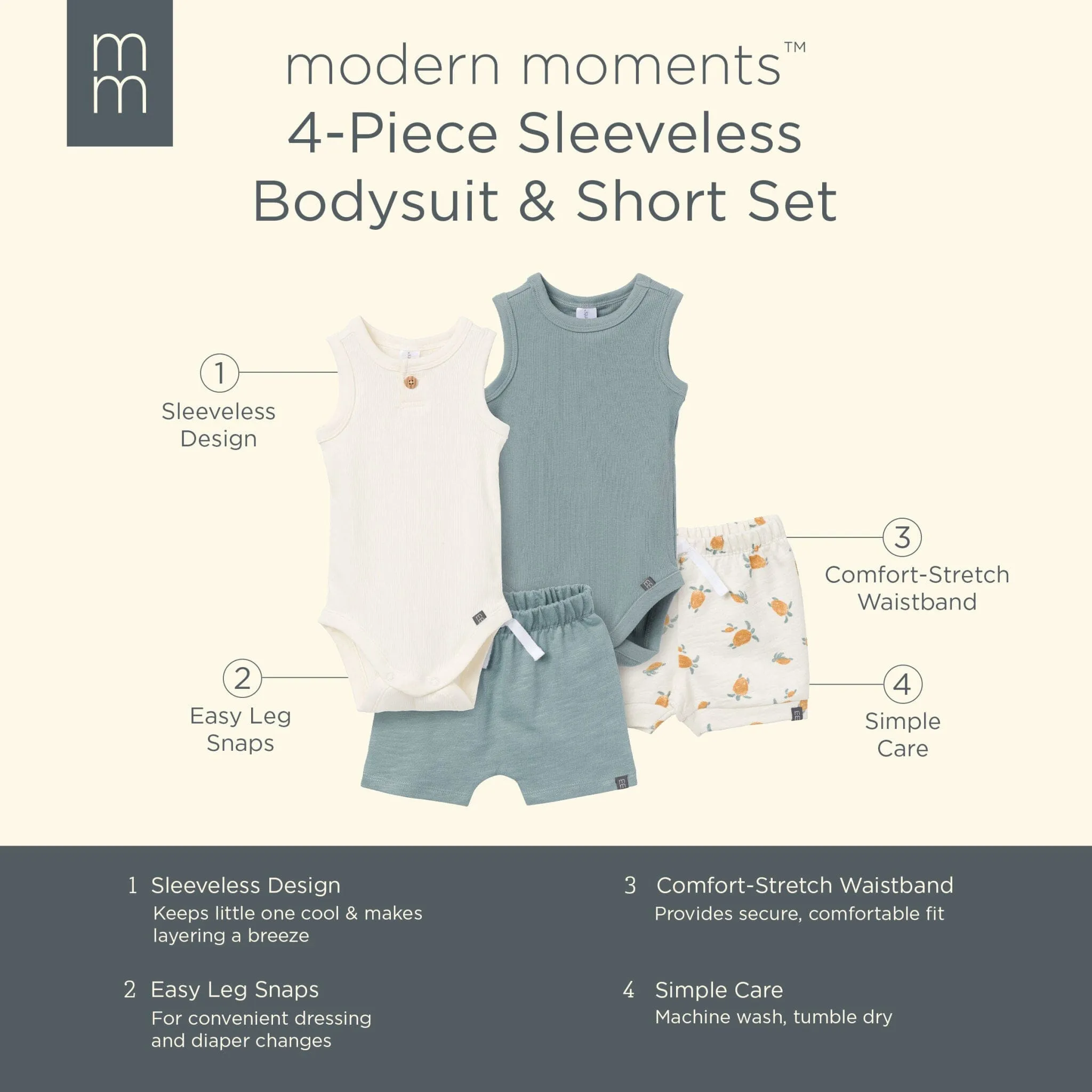 4-Piece Baby Boys Cream & Teal Bodysuits and Shorts Set Gerber Childrenswea