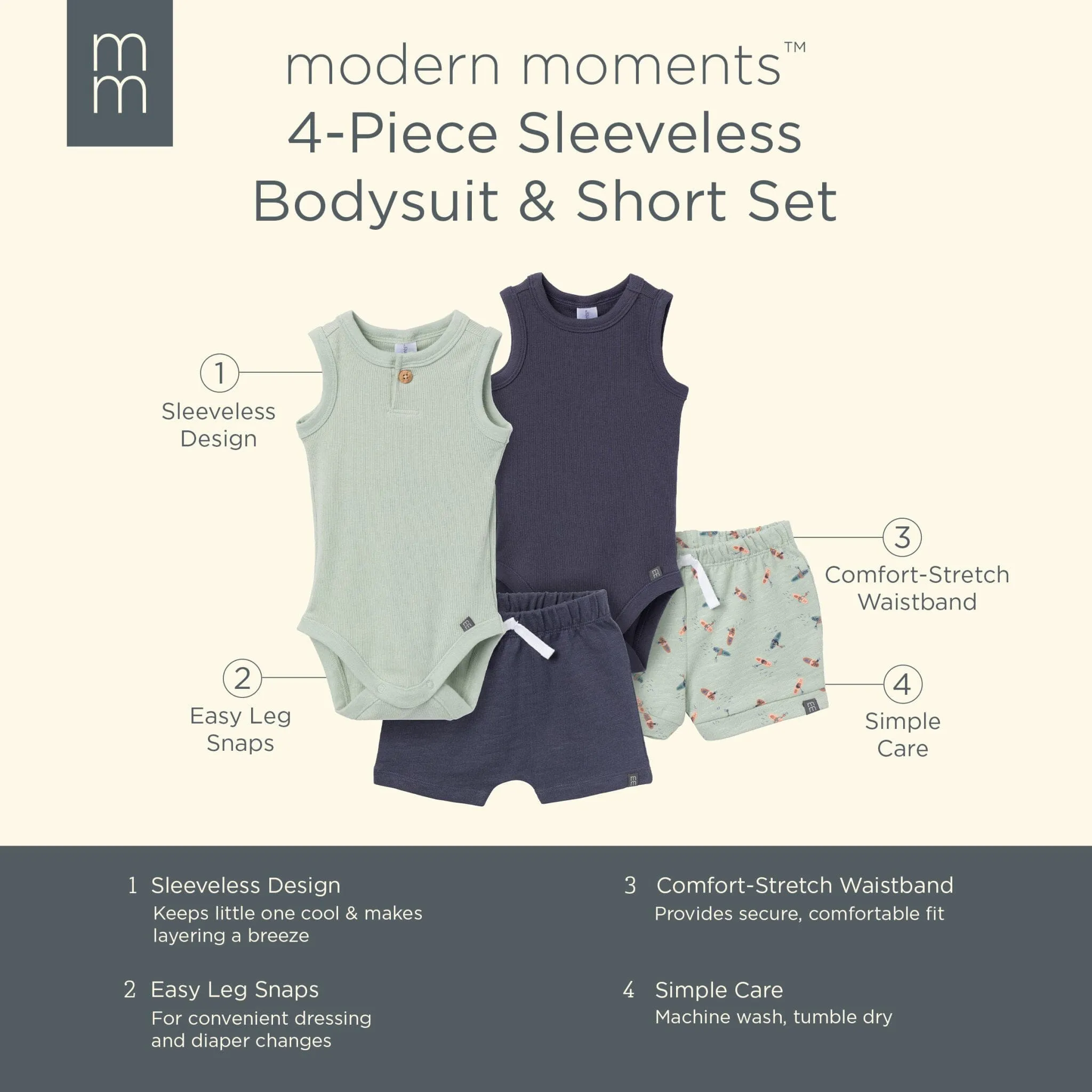 4-Piece Baby Boys Green & Navy Bodysuits and Shorts Set Gerber Childrenswea