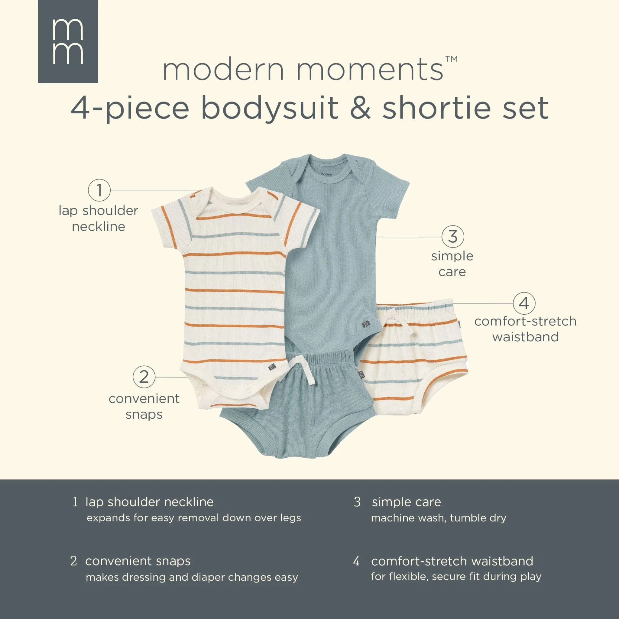 4-Piece Baby Boys Ivory Stripe Short Sleeve Bodysuits and Shorts Set Gerber Childrenswea