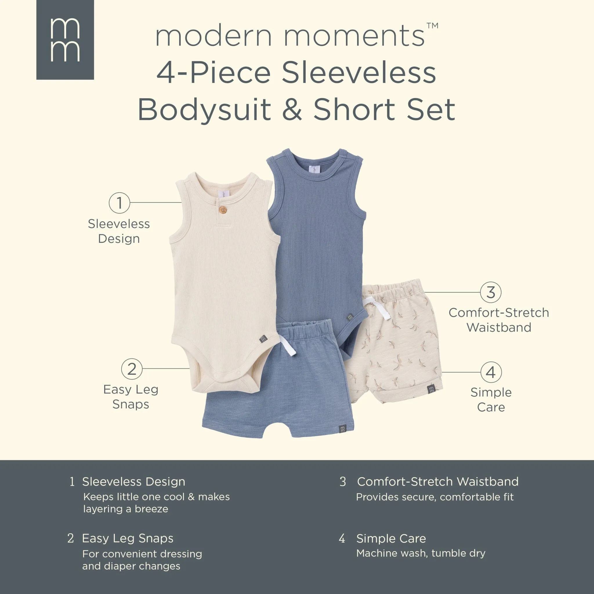 4-Piece Baby Boys Tan & Blue Bodysuits and Shorts Set Gerber Childrenswea