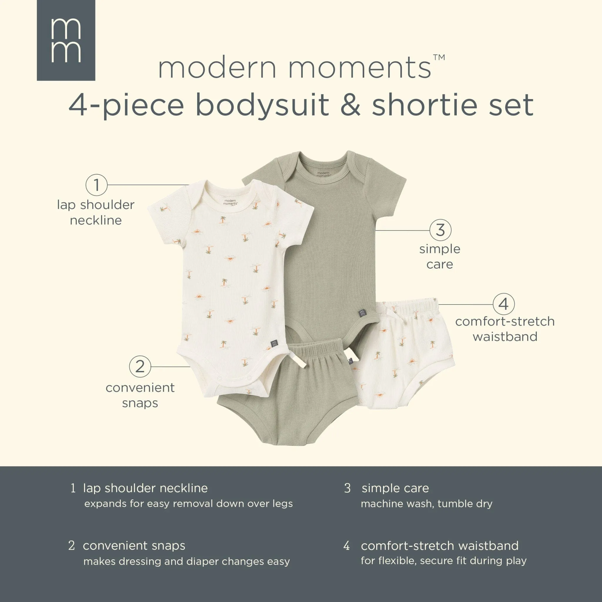 4-Piece Baby Neutral Ivory Mini Island Short Sleeve Bodysuits and Shorts Set Gerber Childrenswea