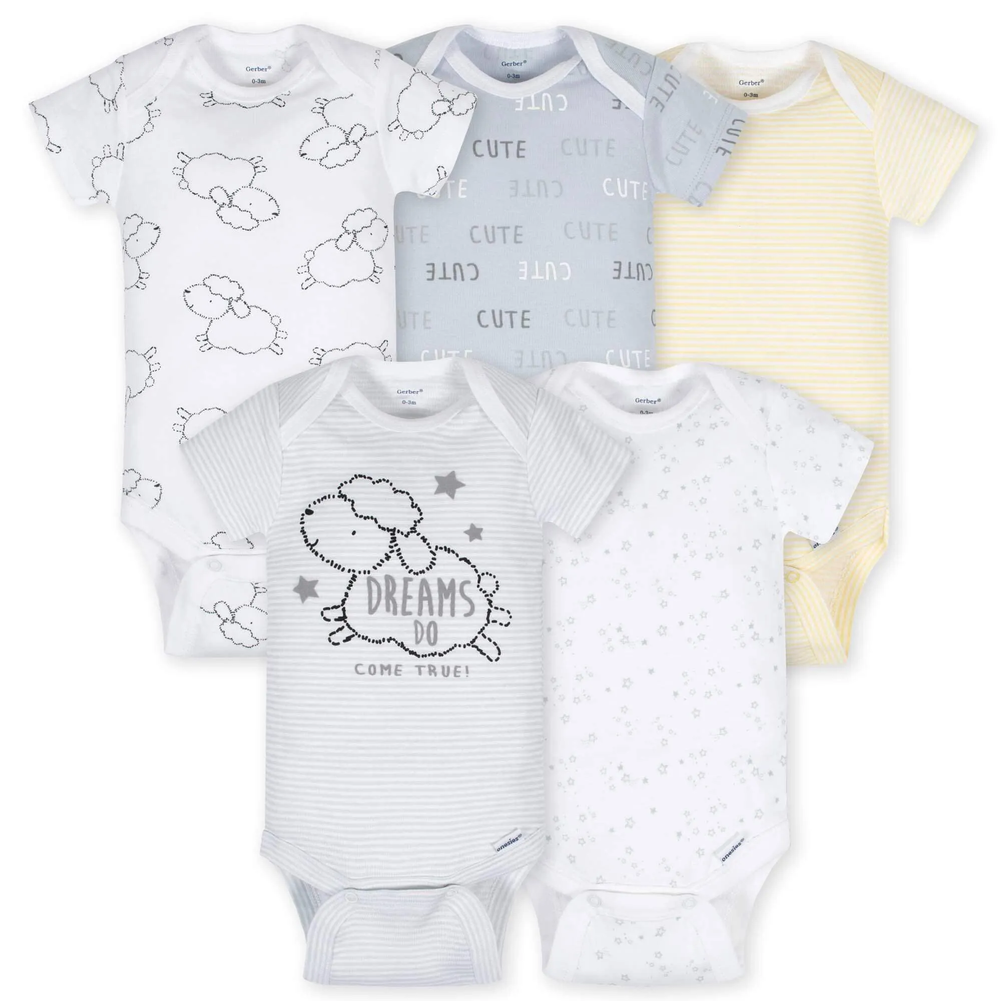 5-Pack Baby Neutral Lamb Short Sleeve Onesies Bodysuits Gerber Childrenswea