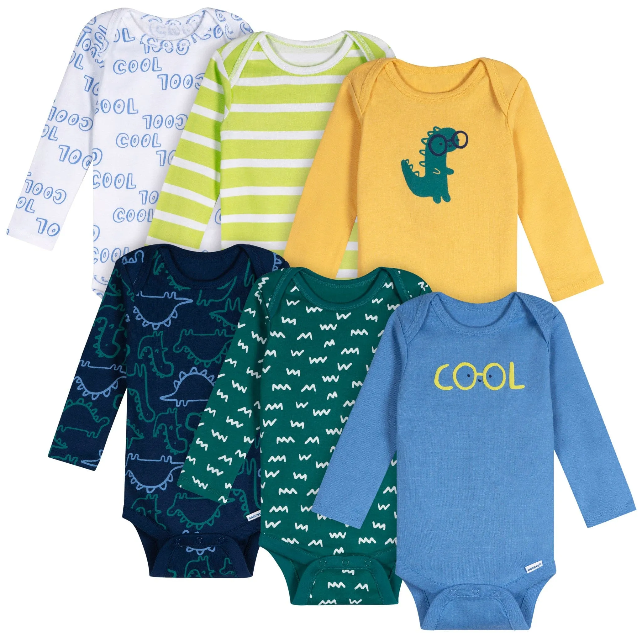 6-Pack Baby Boys Dinos Long Sleeve Onesies Bodysuits Gerber Childrenswea
