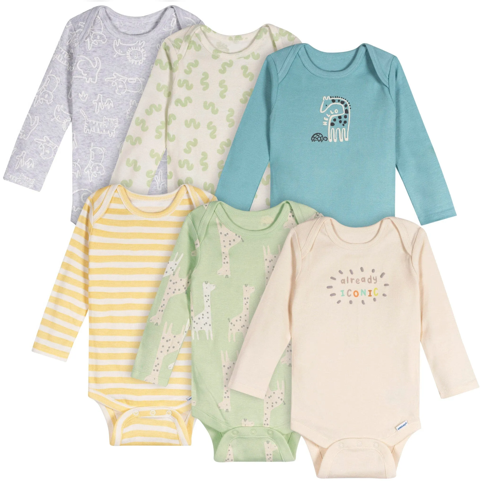 6-Pack Baby Neutral Giraffes Long Sleeve Onesies Bodysuits Gerber Childrenswea