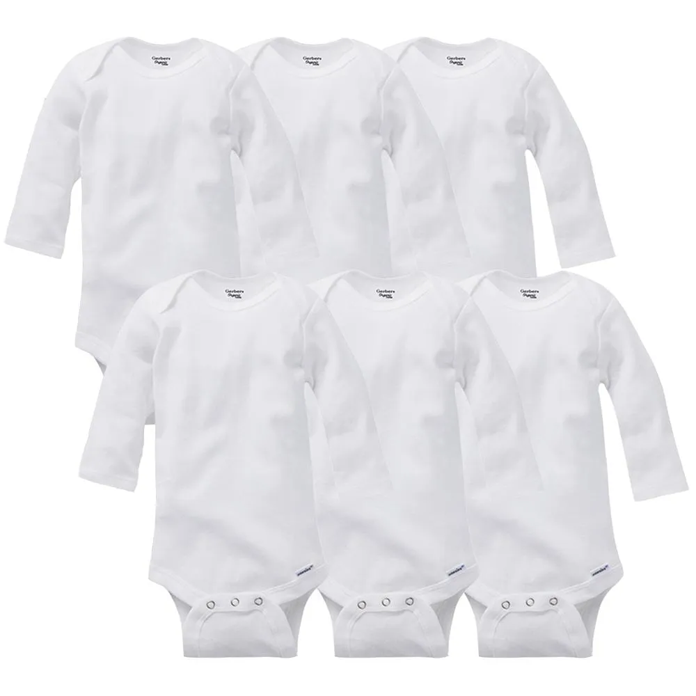 6-Pack White Long Sleeve Onesies Bodysuits Gerber Childrenswea