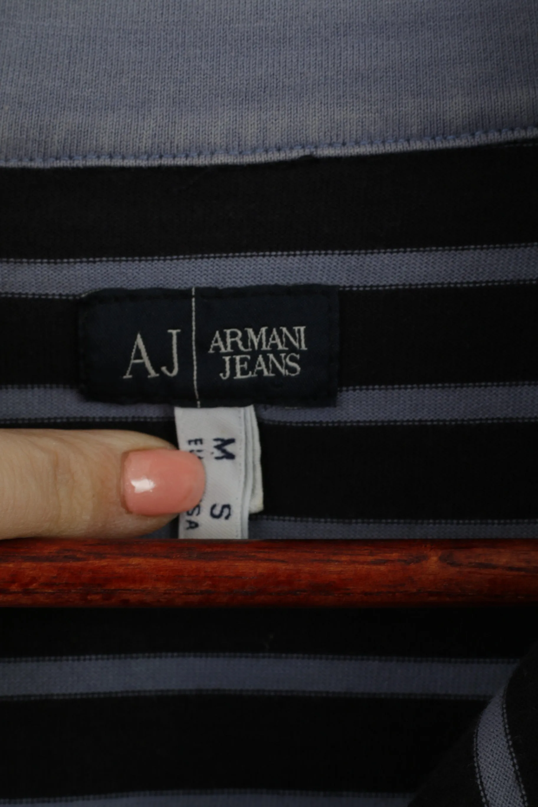 Armani Jeans Men M (S) Shirt Navy Striped Cotton Zip Neck Slim Fit Short Sleeve Top