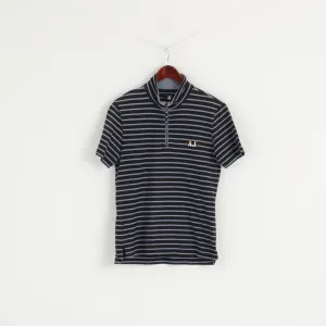 Armani Jeans Men M (S) Shirt Navy Striped Cotton Zip Neck Slim Fit Short Sleeve Top