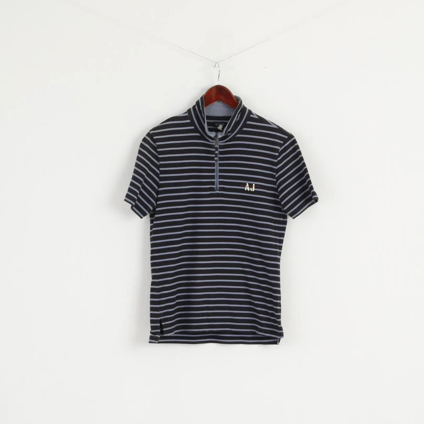 Armani Jeans Men M (S) Shirt Navy Striped Cotton Zip Neck Slim Fit Short Sleeve Top