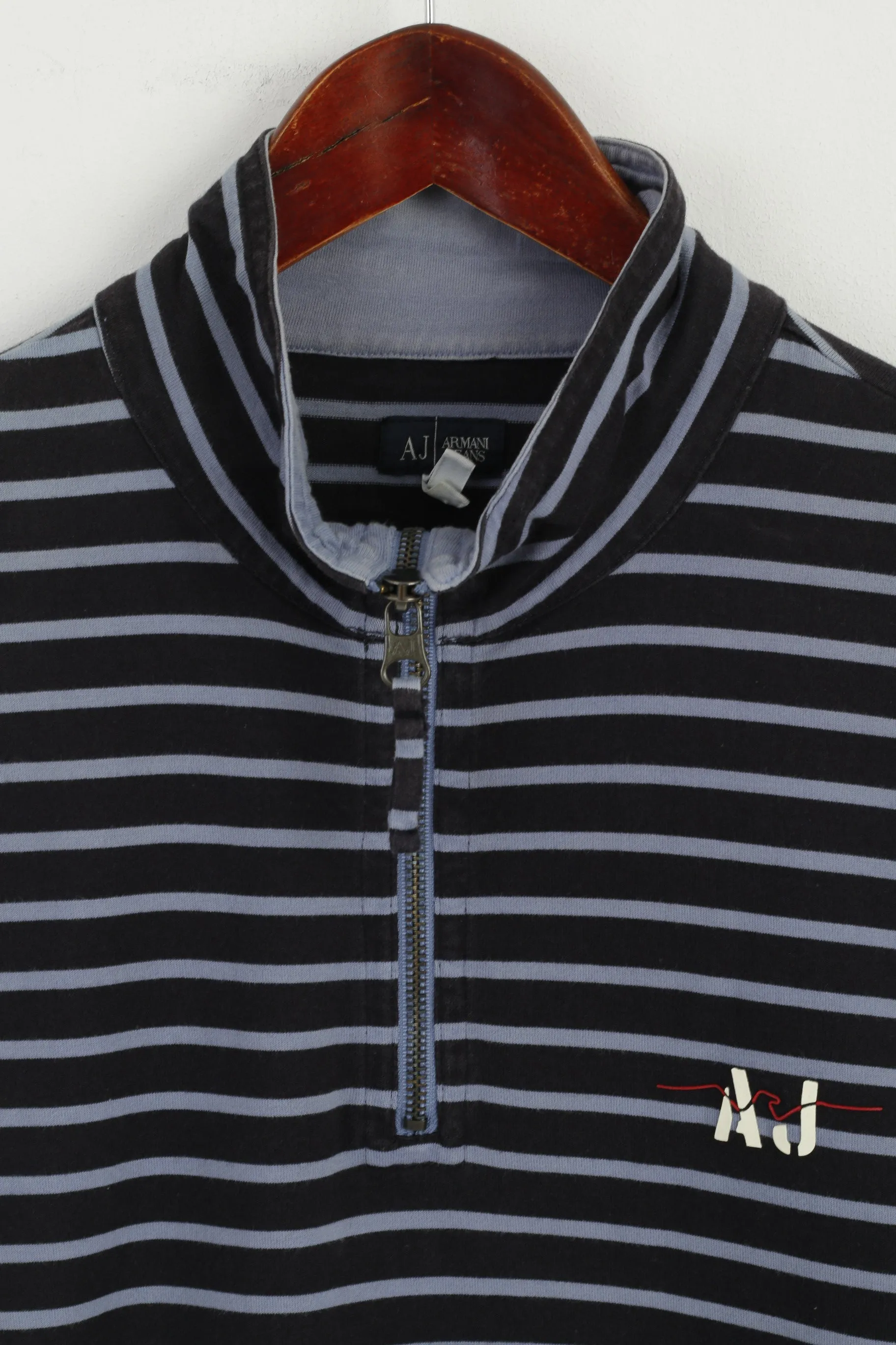 Armani Jeans Men M (S) Shirt Navy Striped Cotton Zip Neck Slim Fit Short Sleeve Top