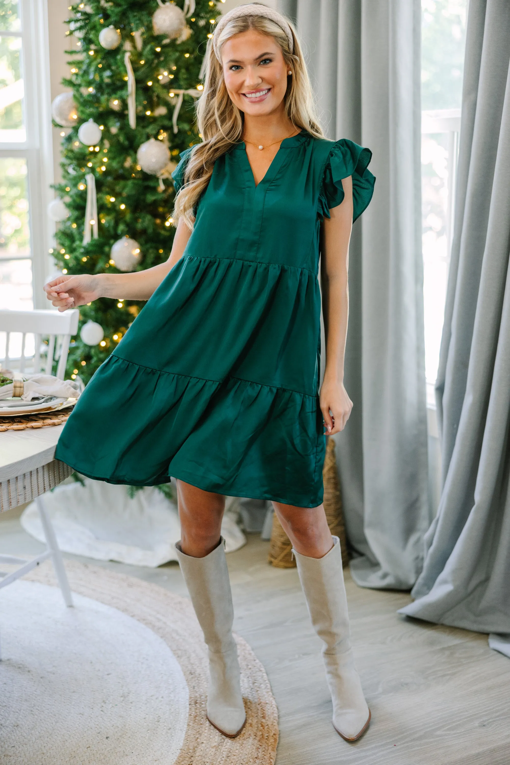 At This Time Emerald Green Satin Dress