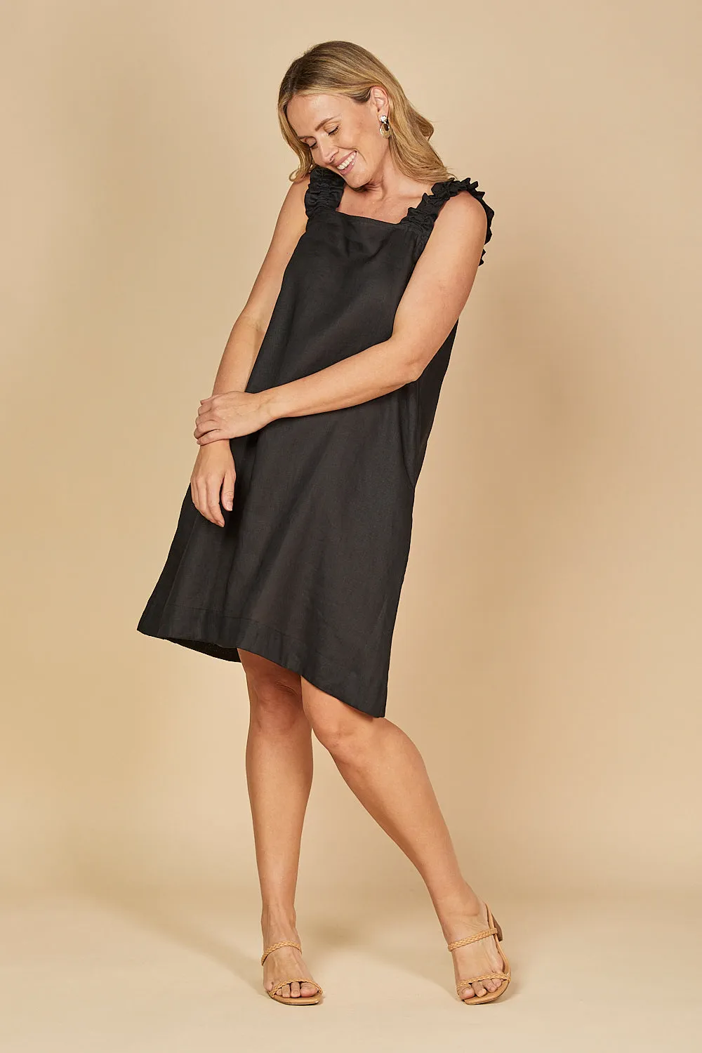 Claire Short Linen Dress in Black Adrift