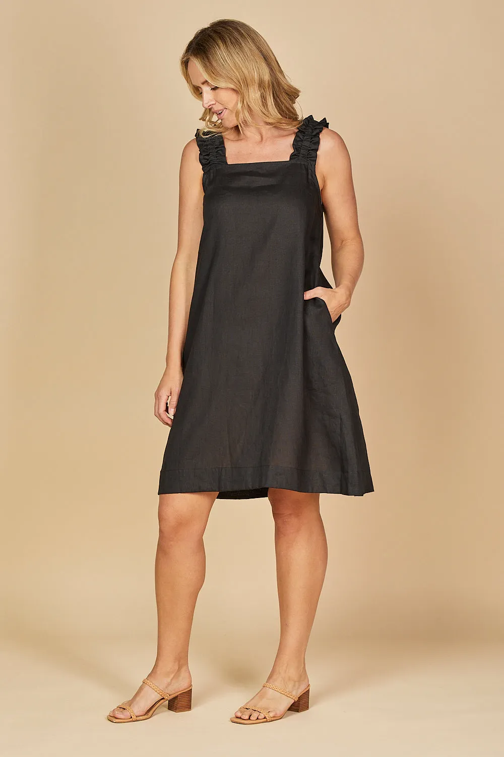 Claire Short Linen Dress in Black Adrift