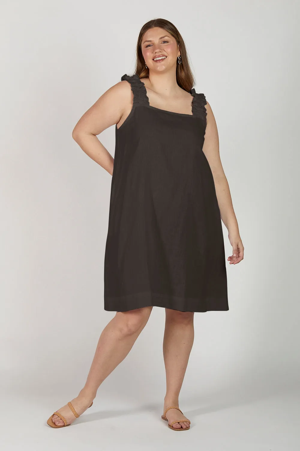 Claire Short Linen Dress in Black Adrift