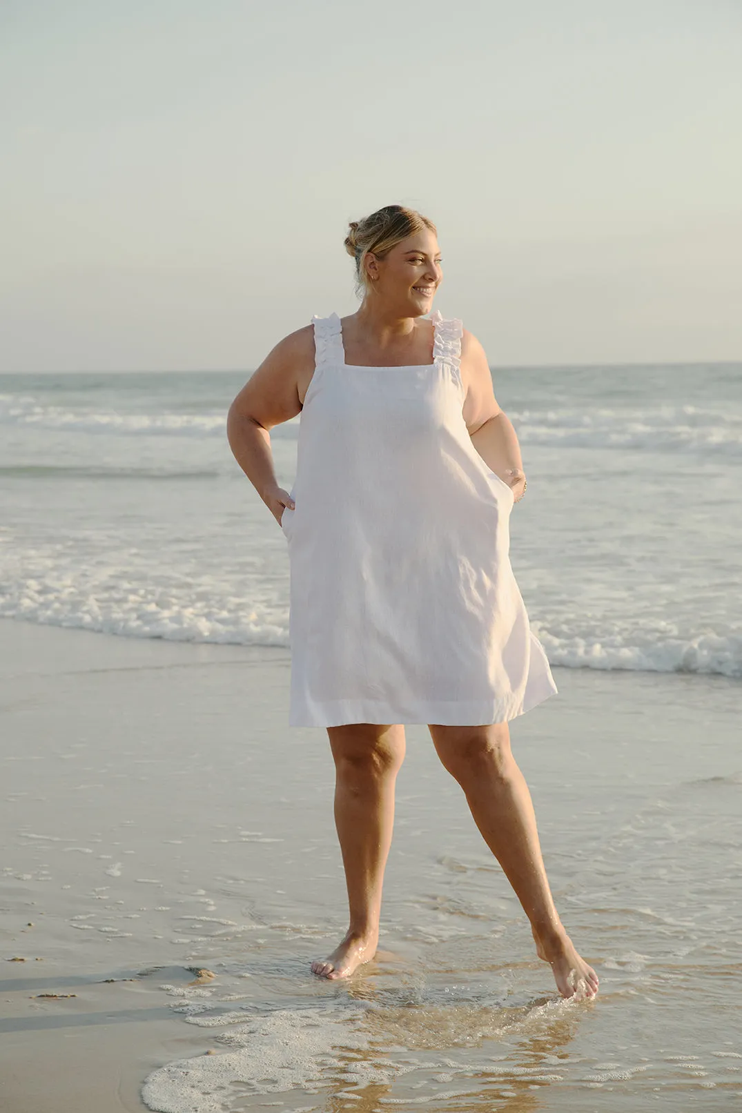 Claire Short Linen Dress in White Adrift