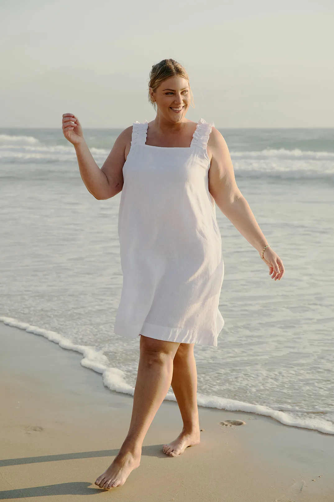 Claire Short Linen Dress in White Adrift