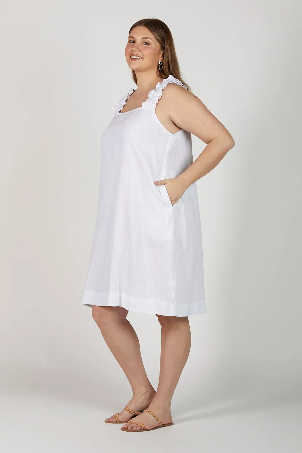 Claire Short Linen Dress in White Adrift