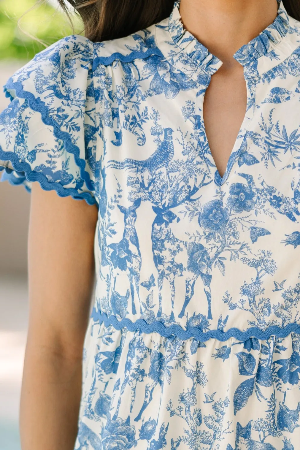 Come For It Blue Toile Floral Babydoll Dress