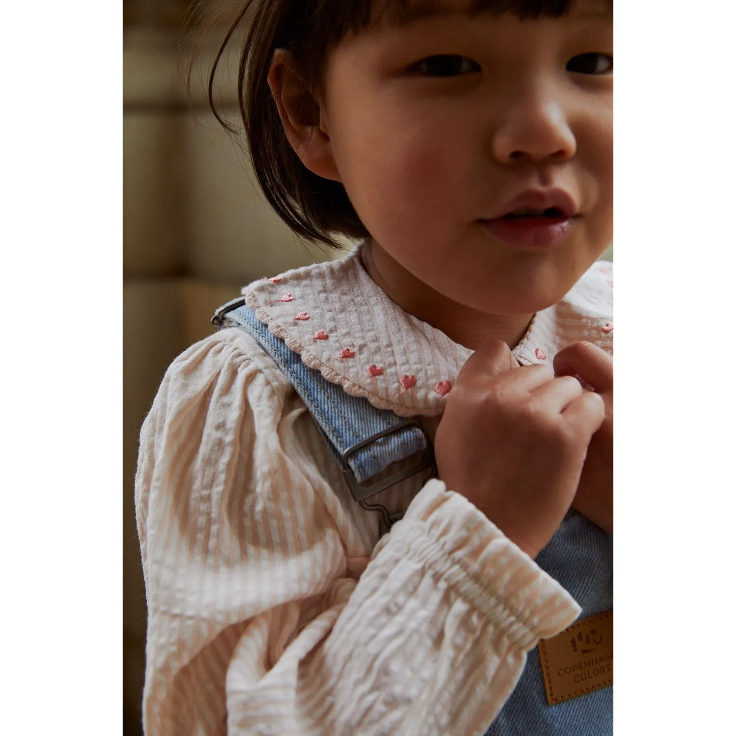 COPENHAGEN COLORS Dusty Rose W Cream Stripe W. Pink Seersucker Ls Tunic W. Hearts