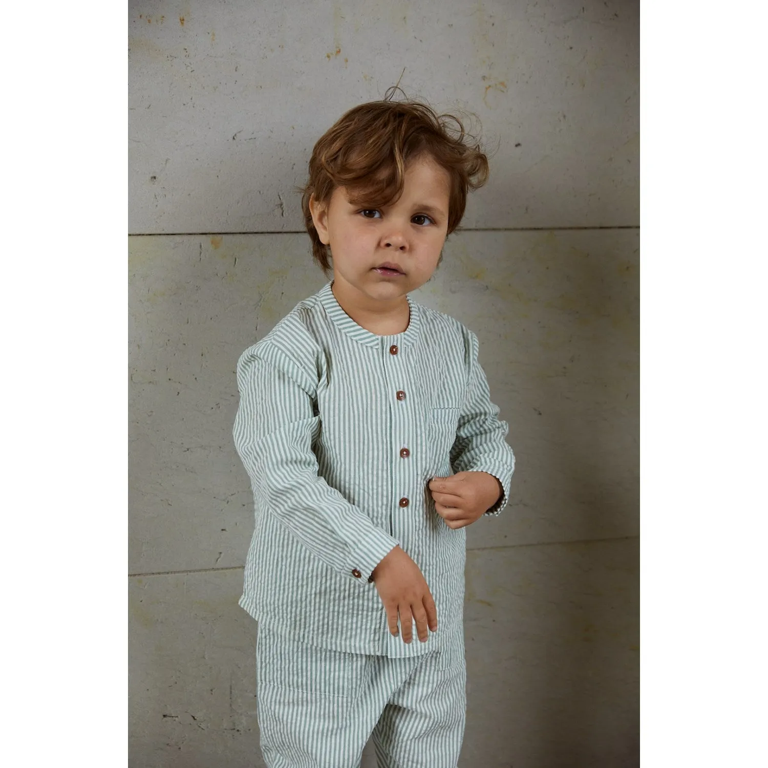 COPENHAGEN COLORS Green W Cream Stripe Seersucker Shirt W. Placket