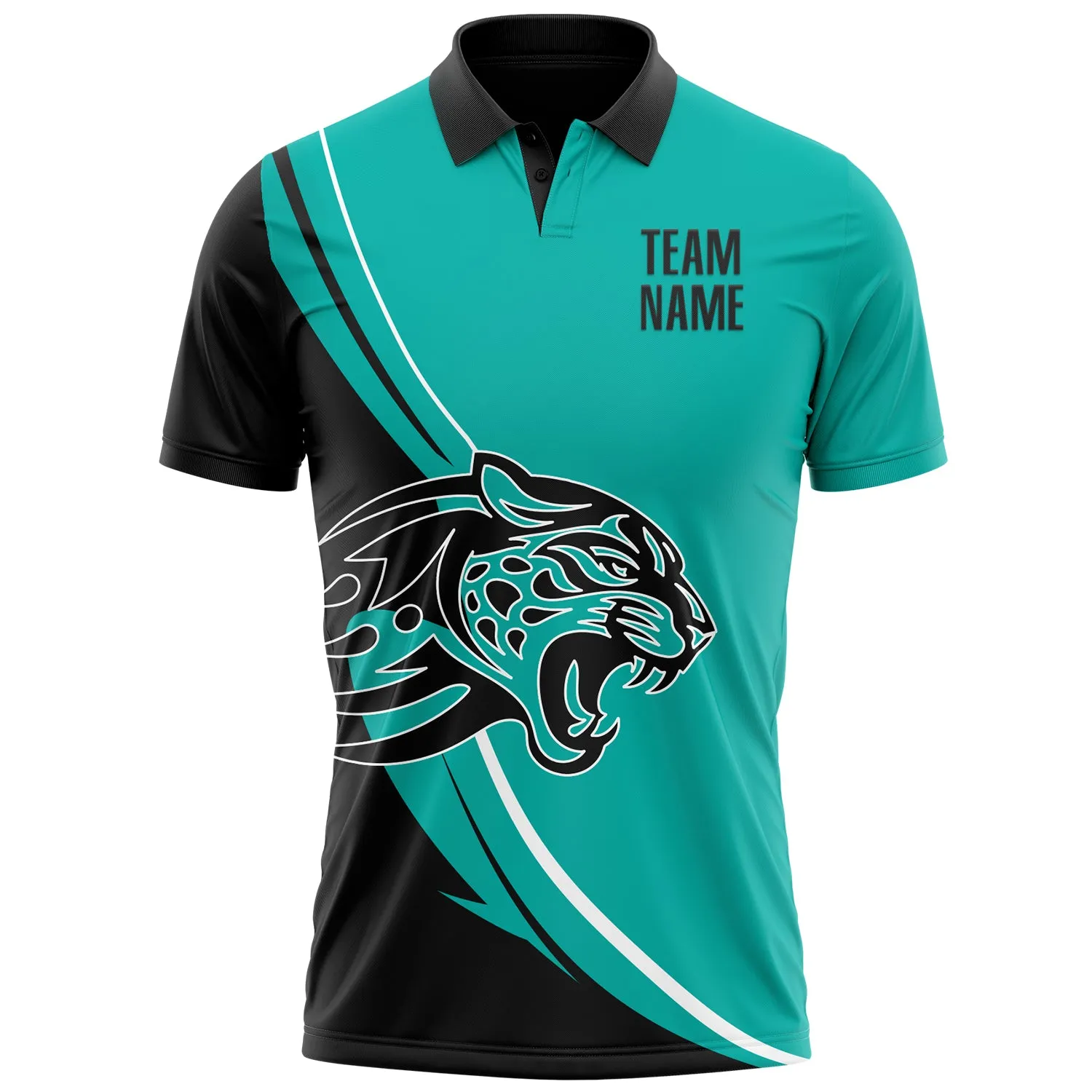 Custom Aqua Black-White 3D Pattern Design Animal Leopard Performance Polo Shirt