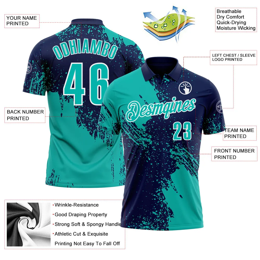 Custom Aqua Navy-White 3D Pattern Design Abstract Brush Stroke Performance Polo Shirt