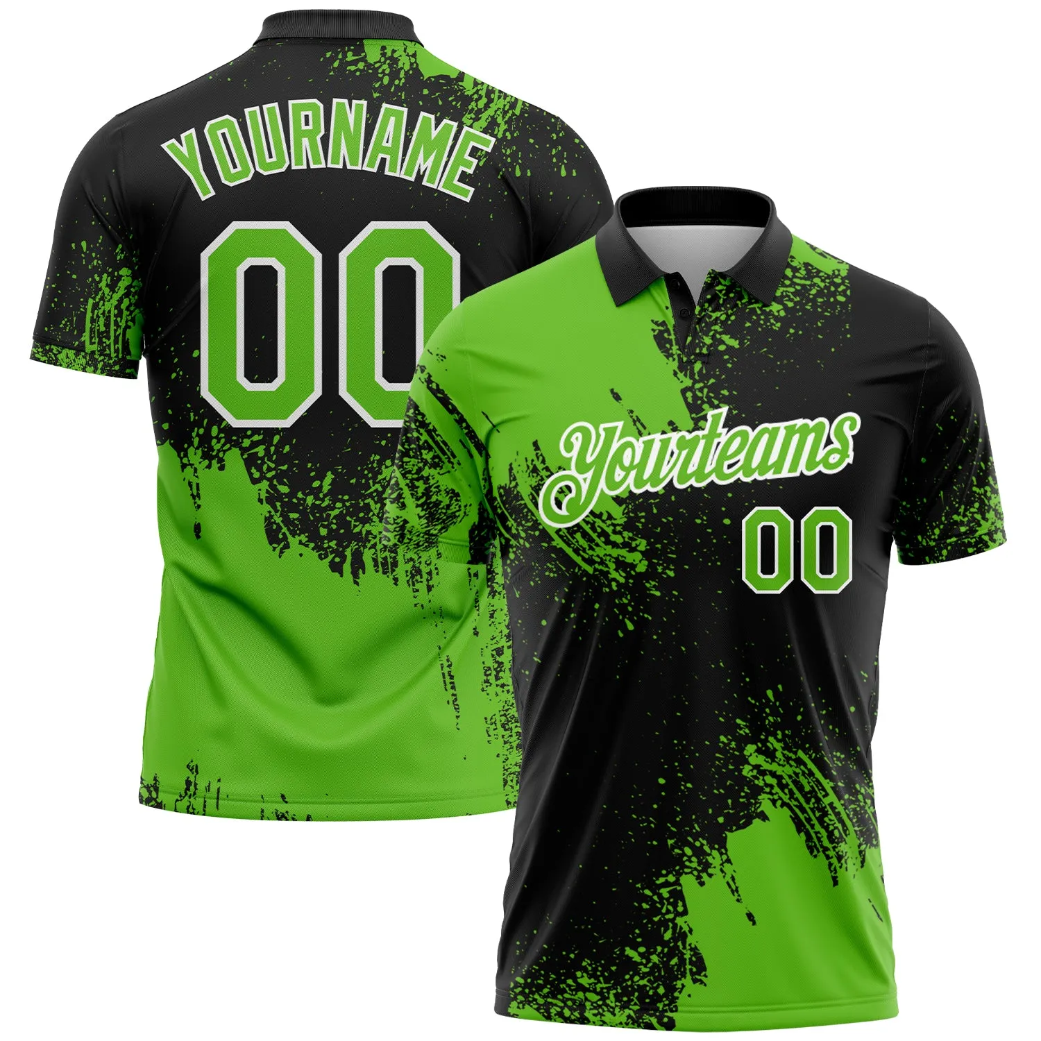 Custom Aurora Green Black-White 3D Pattern Design Abstract Brush Stroke Performance Polo Shirt