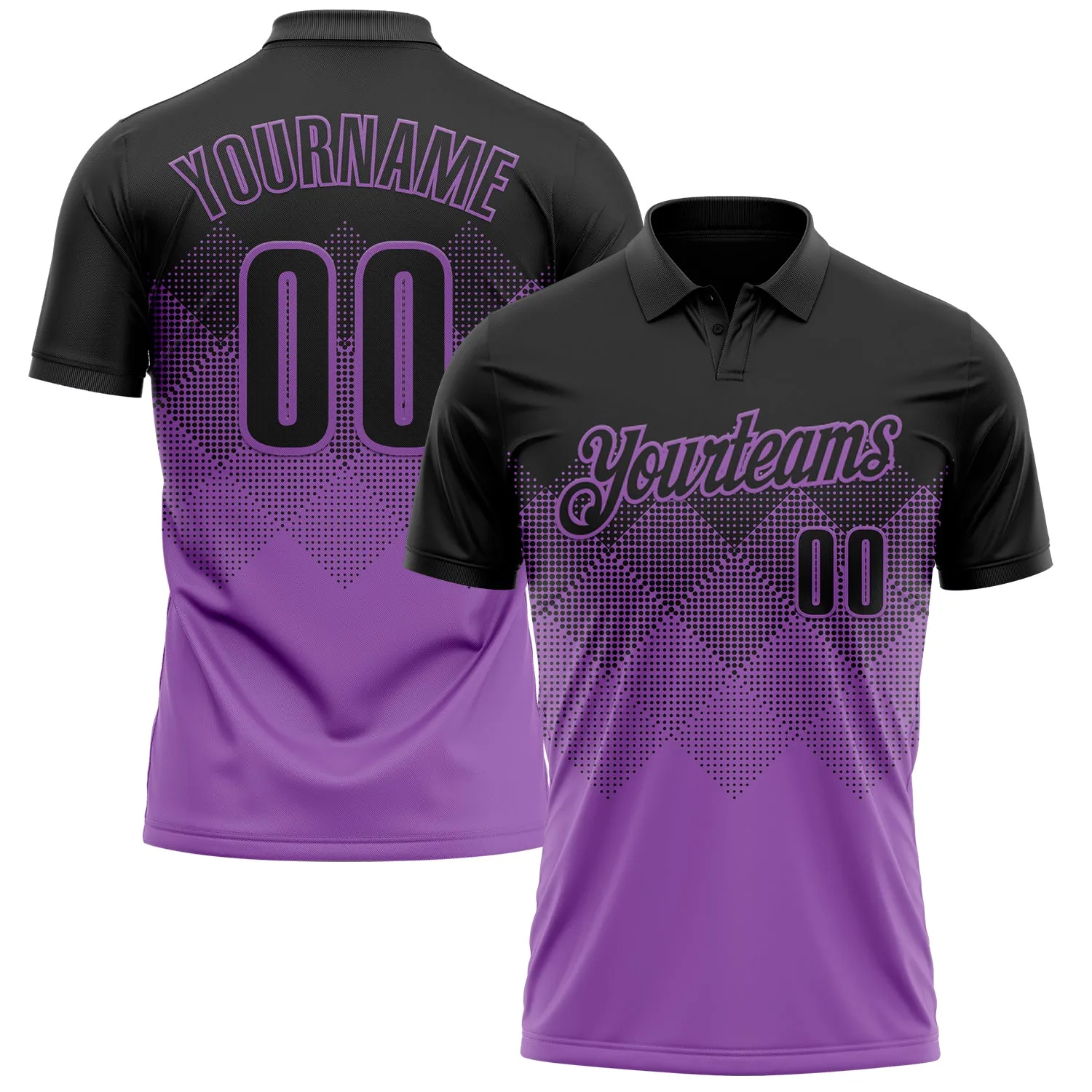 Custom Black Medium Purple 3D Gradient Square Shape Performance Polo Shirt