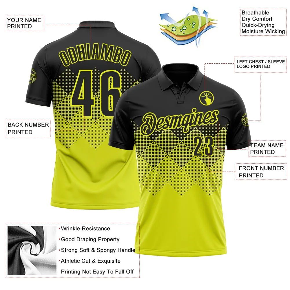Custom Black Neon Yellow 3D Gradient Square Shape Performance Polo Shirt