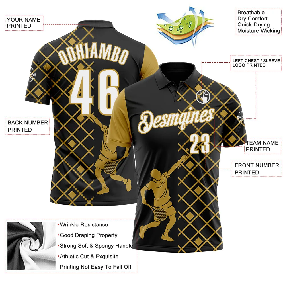 Custom Black White-Old Gold 3D Tennis Performance Polo Shirt