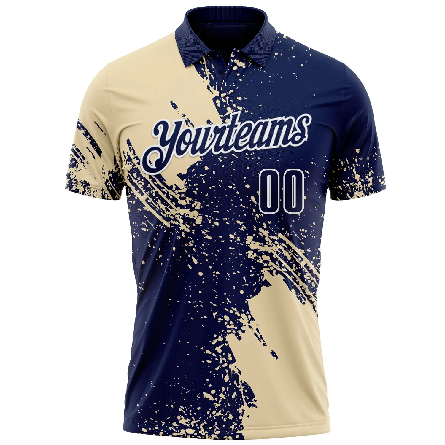 Custom Cream Navy-White 3D Pattern Design Abstract Brush Stroke Performance Polo Shirt