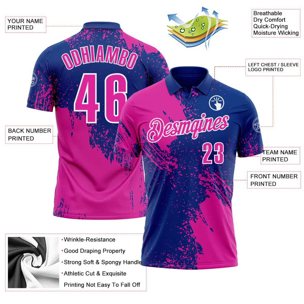 Custom Deep Pink Royal-White 3D Pattern Design Abstract Brush Stroke Performance Polo Shirt