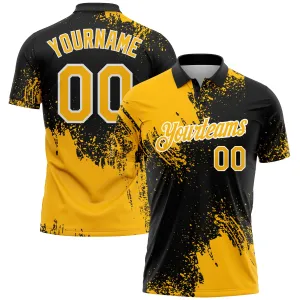 Custom Gold Black-White 3D Pattern Design Abstract Brush Stroke Performance Polo Shirt