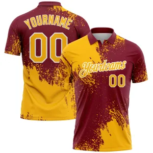 Custom Gold Crimson-White 3D Pattern Design Abstract Brush Stroke Performance Polo Shirt