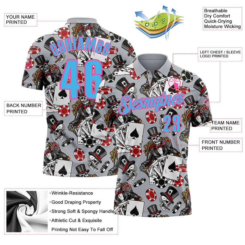 Custom Gray Sky Blue-Pink 3D Gambling Poker Performance Polo Shirt