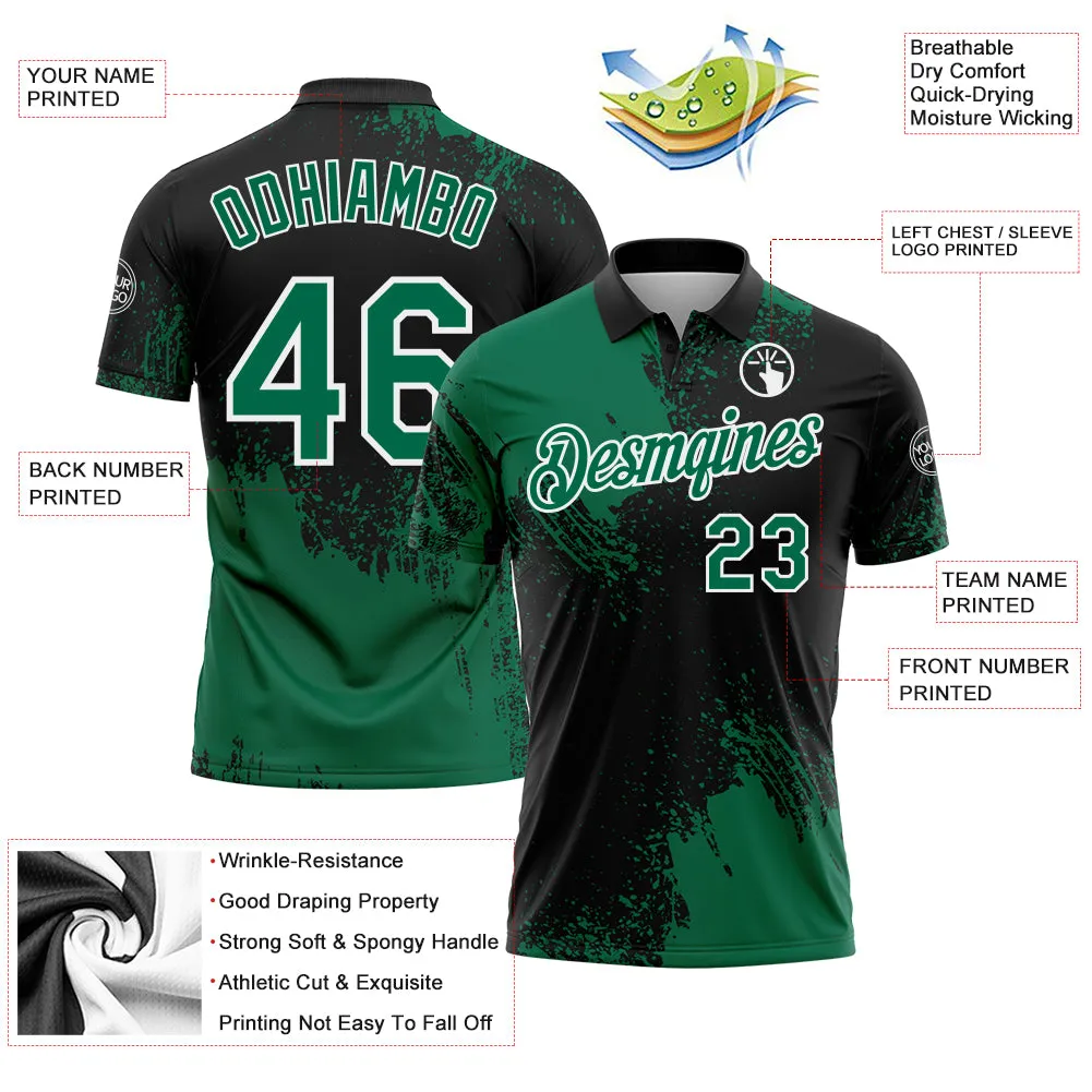 Custom Kelly Green Black-White 3D Pattern Design Abstract Brush Stroke Performance Polo Shirt