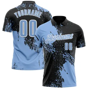 Custom Light Blue Black-White 3D Pattern Design Abstract Brush Stroke Performance Polo Shirt