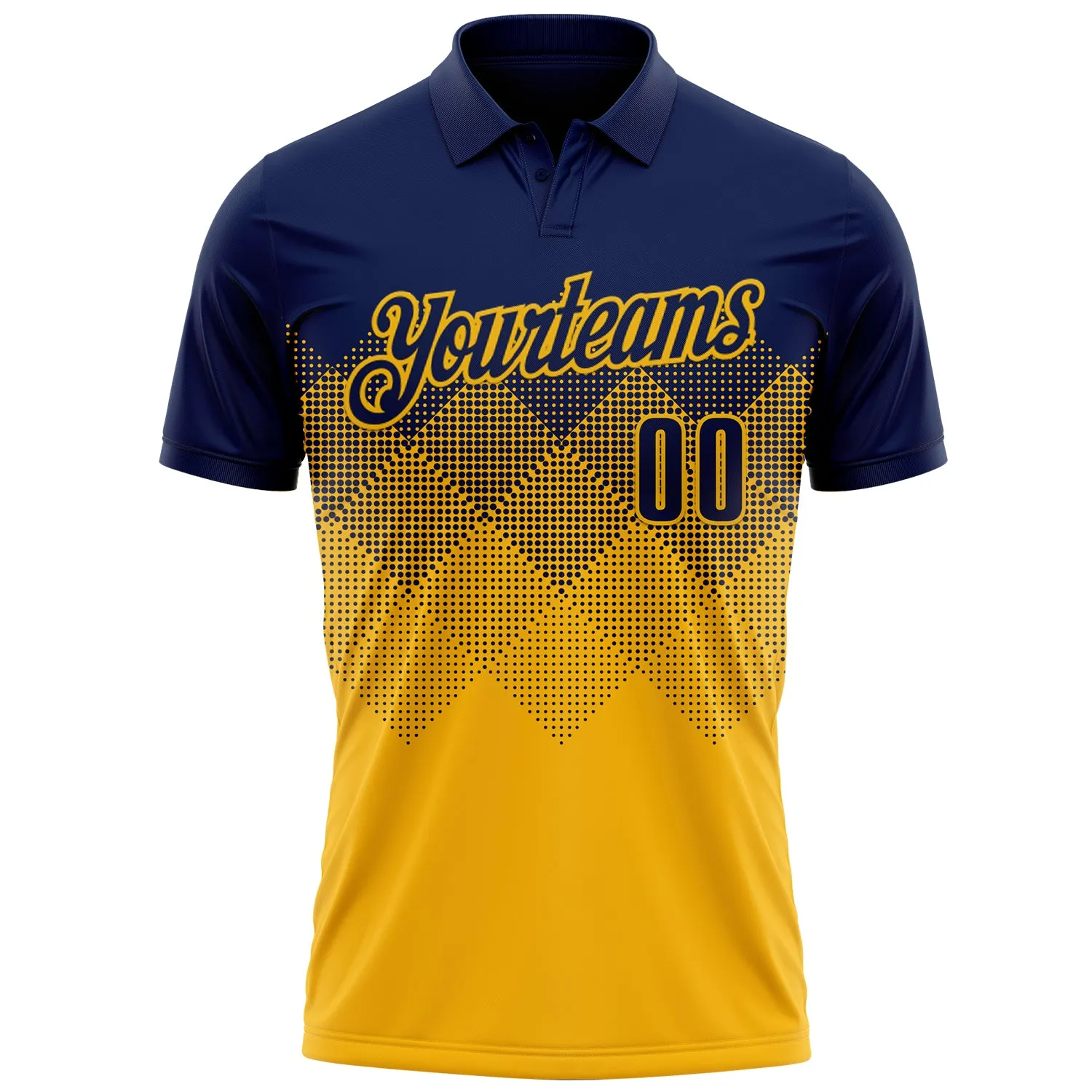 Custom Navy Gold 3D Gradient Square Shape Performance Polo Shirt