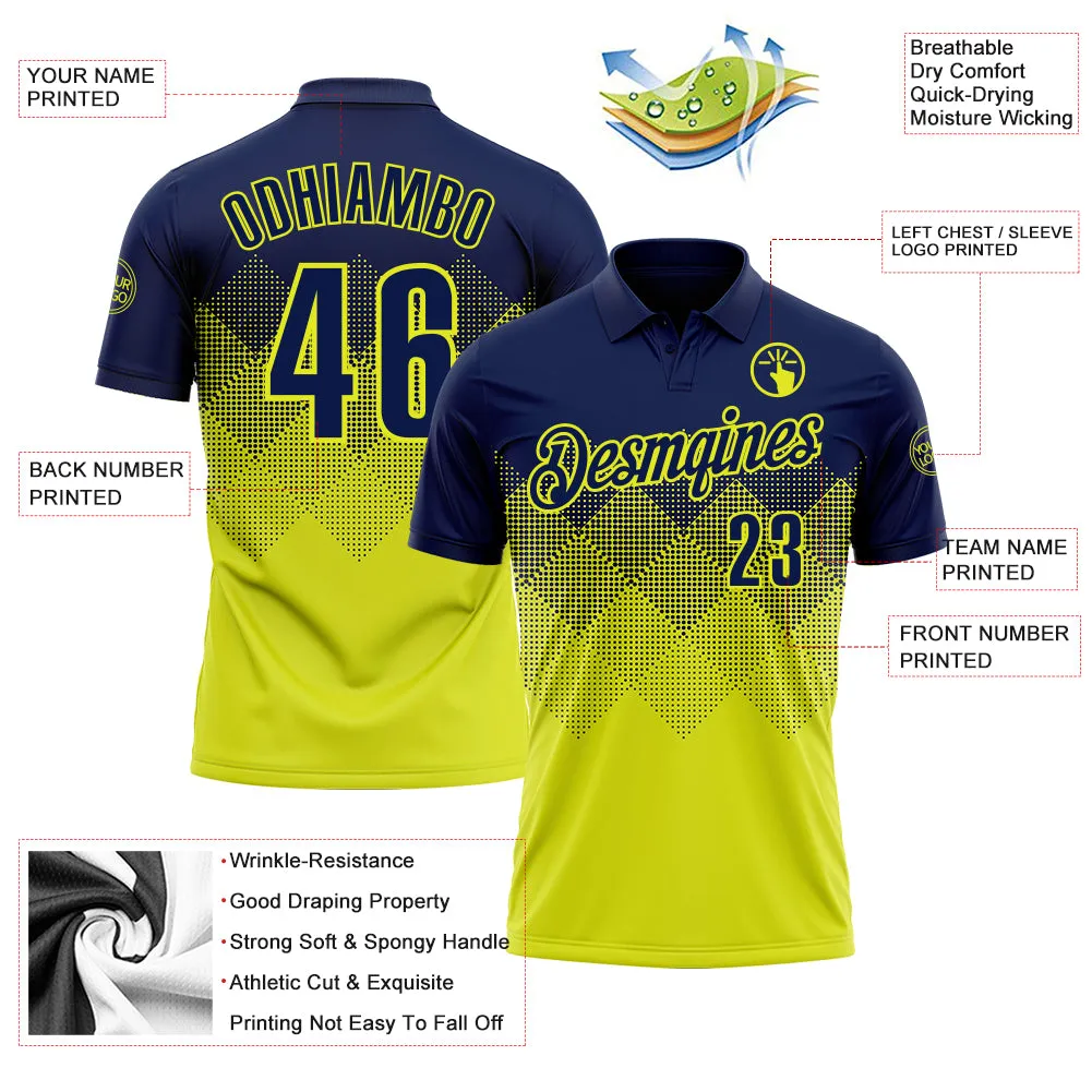 Custom Navy Neon Yellow 3D Gradient Square Shape Performance Polo Shirt
