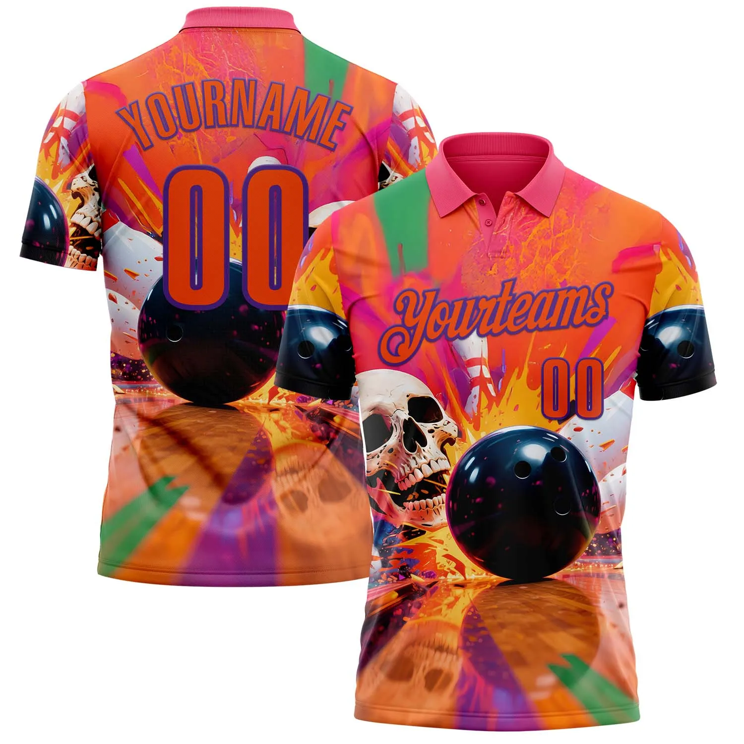 Custom Orange Purple 3D Splash Skull Bowling Performance Polo Shirt