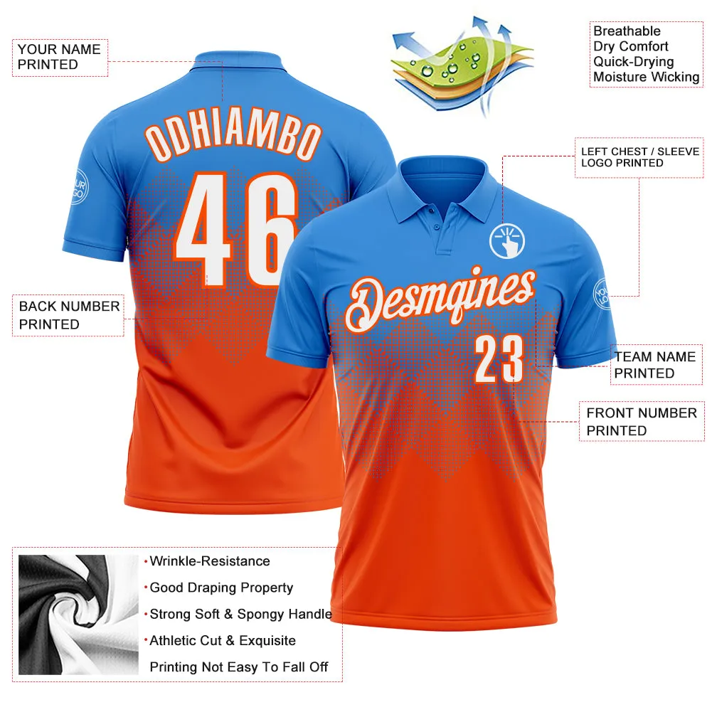 Custom Powder Blue White-Orange 3D Gradient Square Shape Performance Polo Shirt
