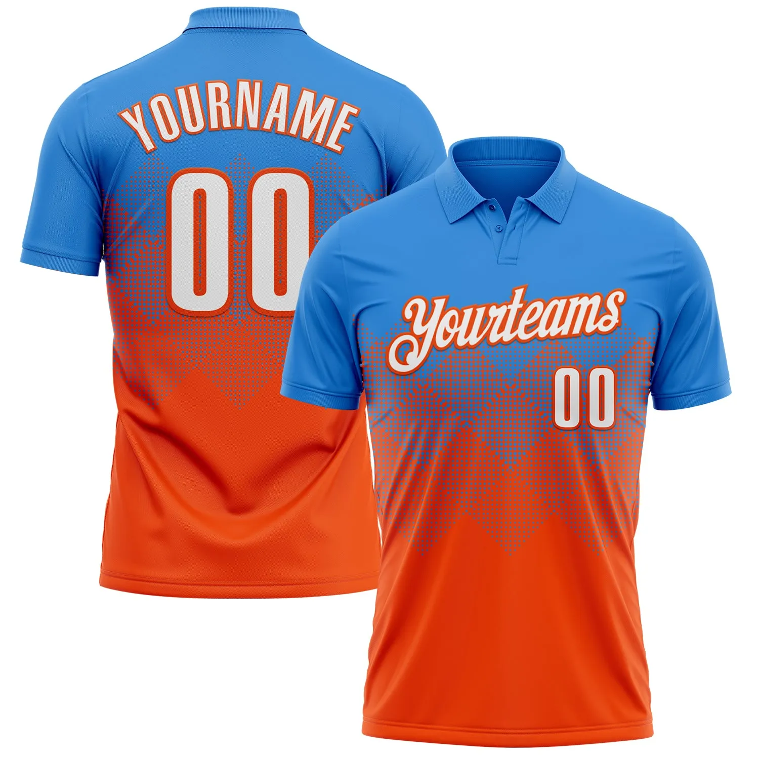 Custom Powder Blue White-Orange 3D Gradient Square Shape Performance Polo Shirt