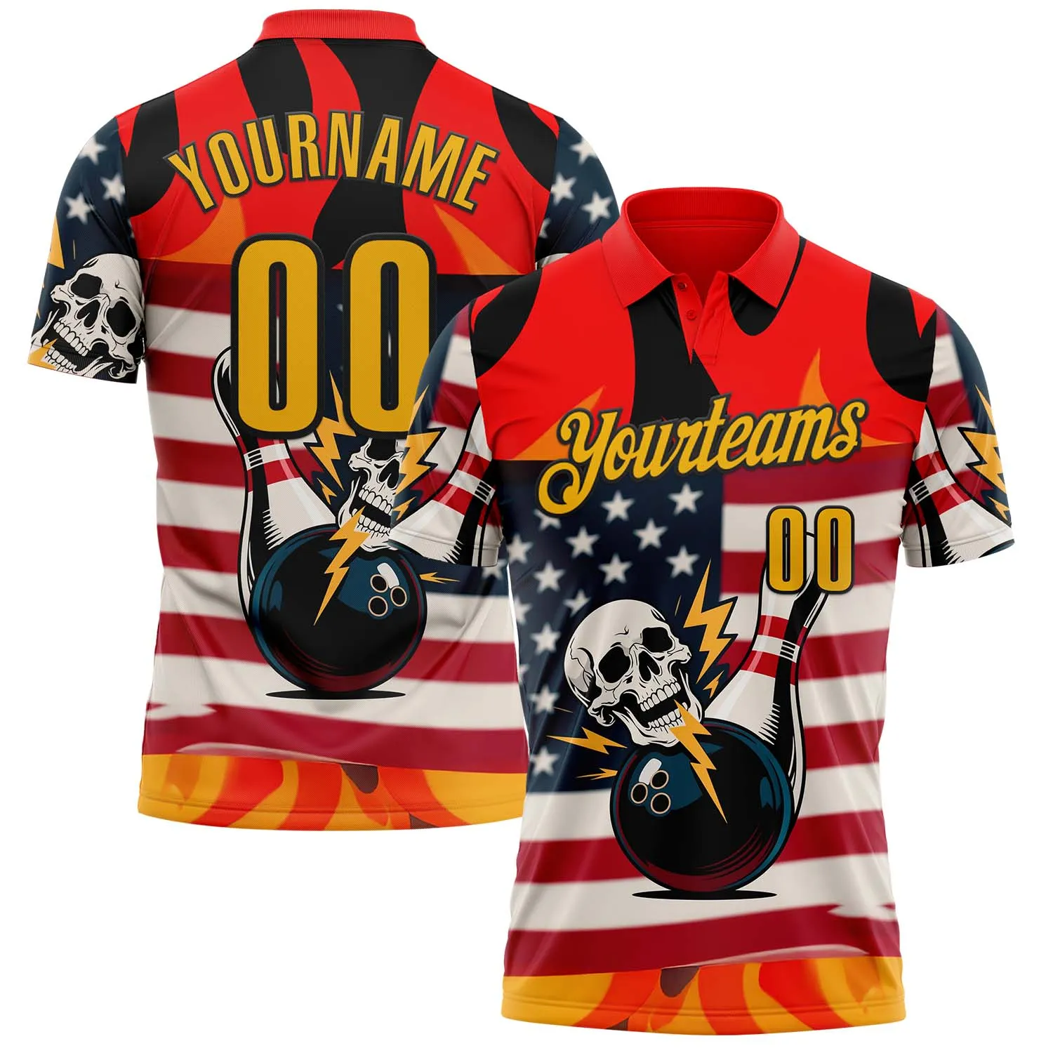 Custom Red Gold-Black 3D American Flag Skull Bowling Performance Polo Shirt