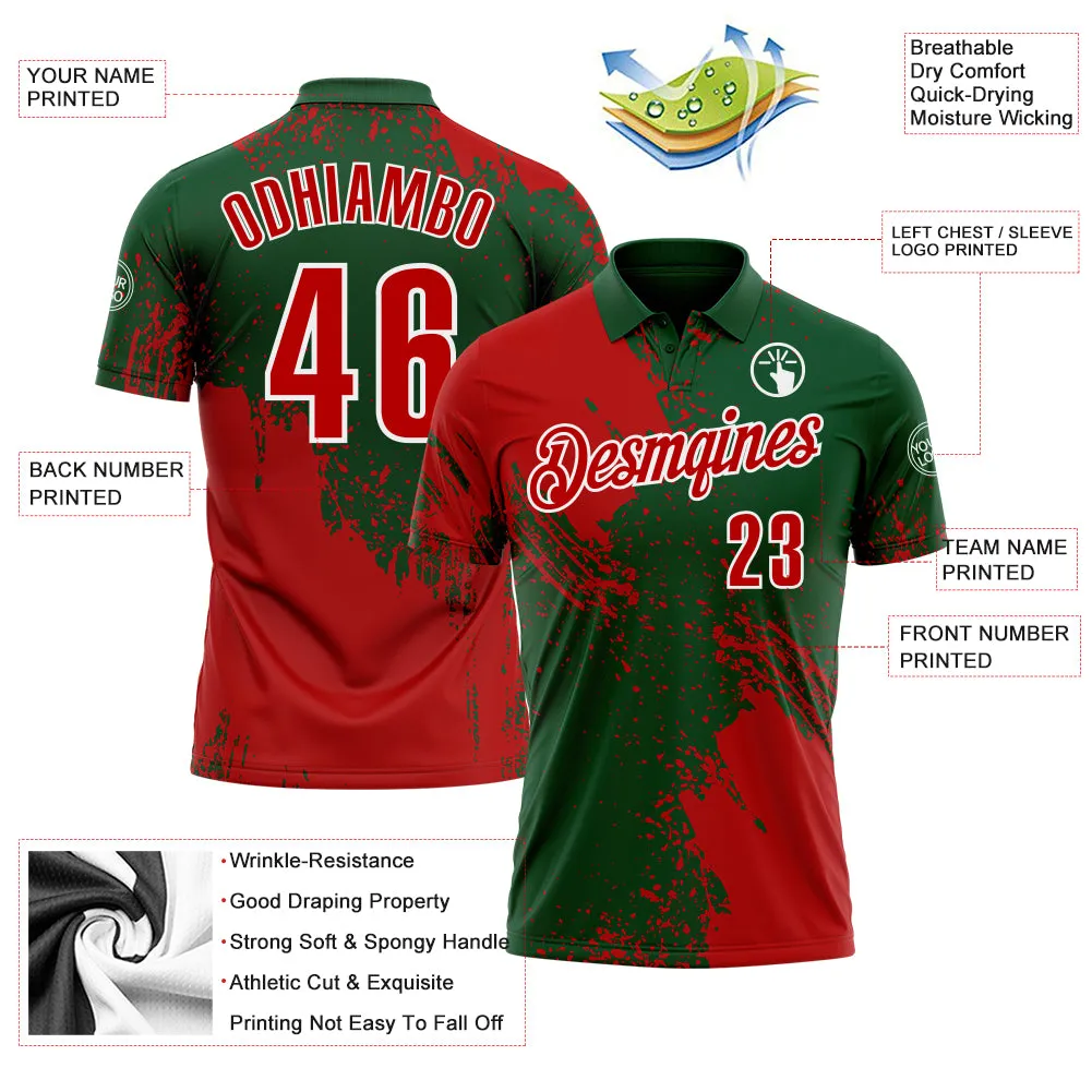 Custom Red Green-White 3D Pattern Design Abstract Brush Stroke Performance Polo Shirt