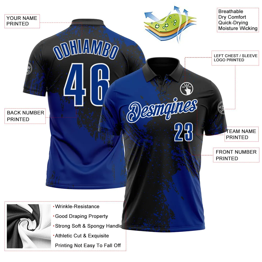 Custom Royal Black-White 3D Pattern Design Abstract Brush Stroke Performance Polo Shirt