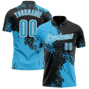 Custom Sky Blue Black-White 3D Pattern Design Abstract Brush Stroke Performance Polo Shirt