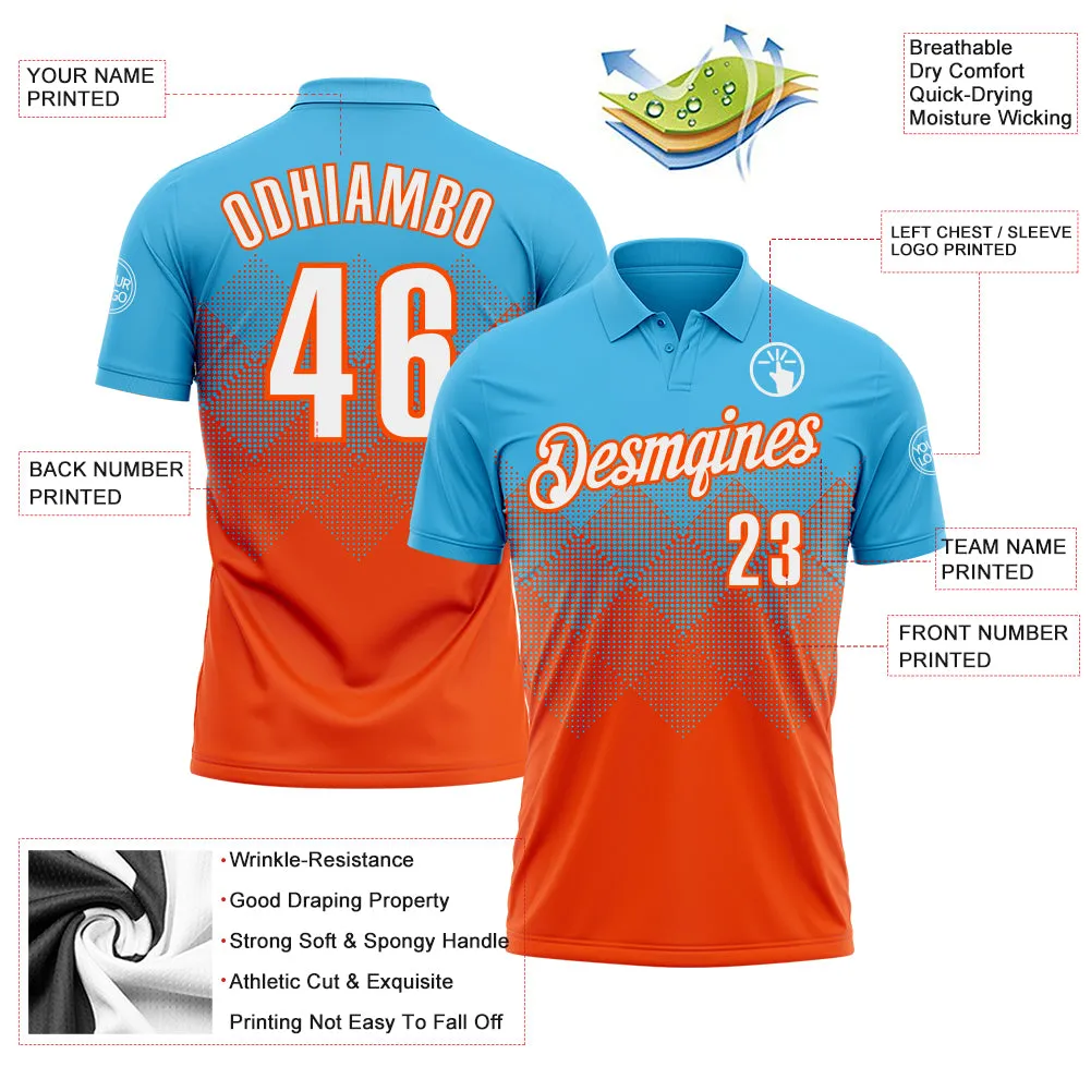 Custom Sky Blue White-Orange 3D Gradient Square Shape Performance Polo Shirt