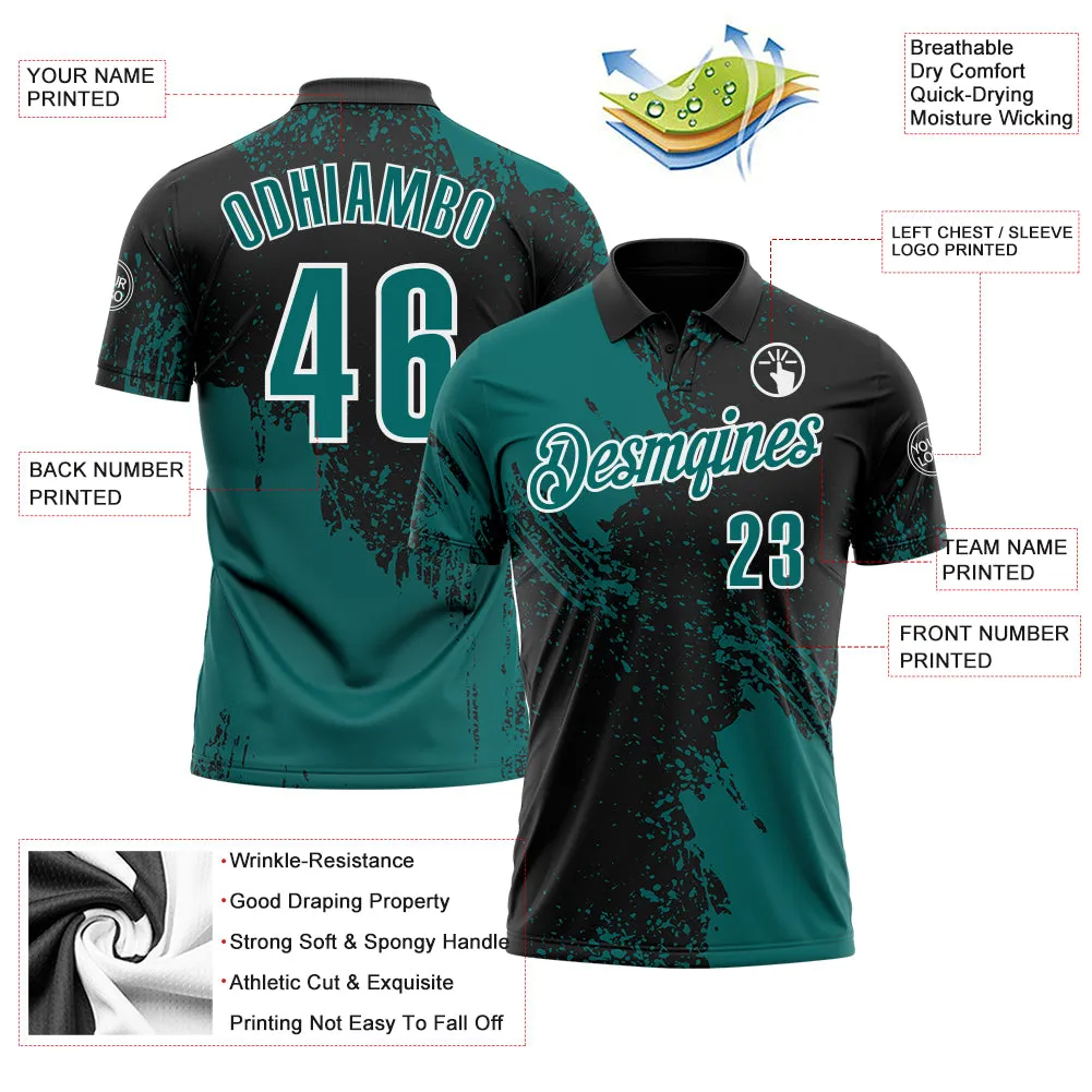 Custom Teal Black-White 3D Pattern Design Abstract Brush Stroke Performance Polo Shirt